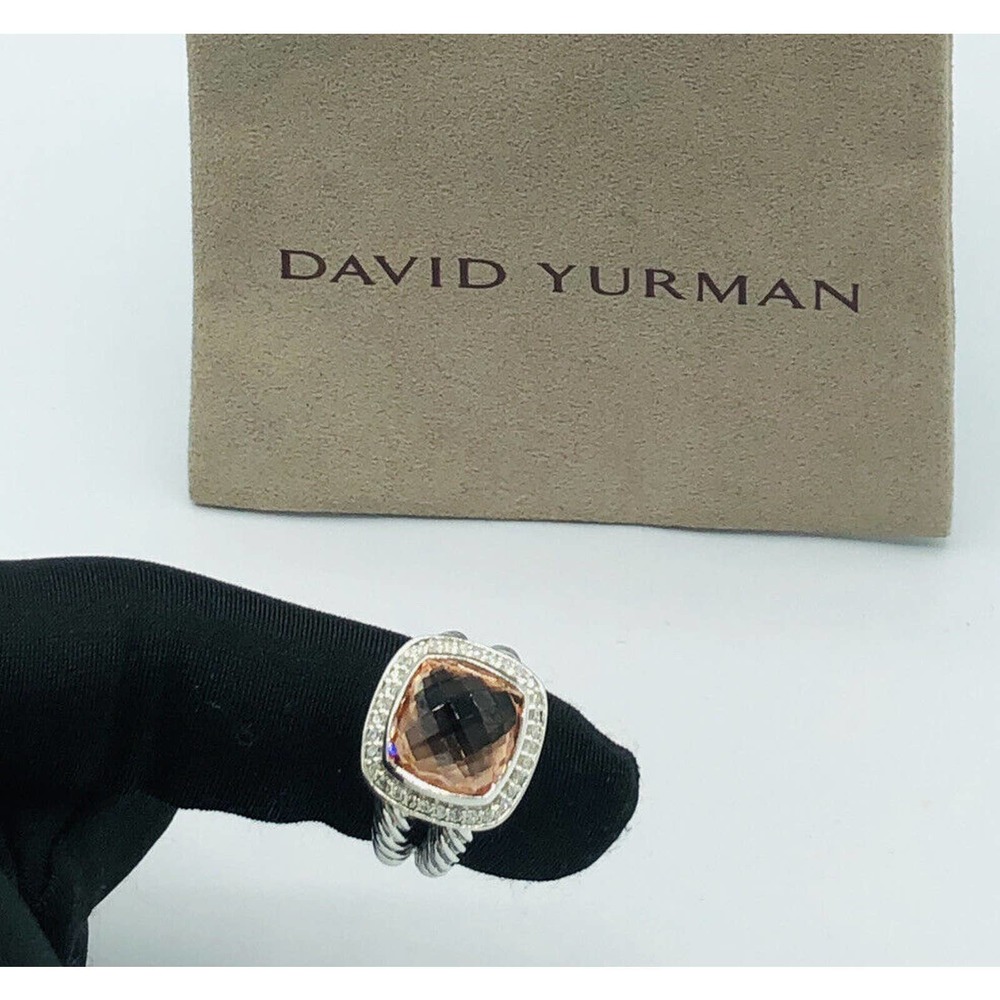 David Yurman Sterling Silver Albion Ring 11mm with Morganite and Diamonds size 8